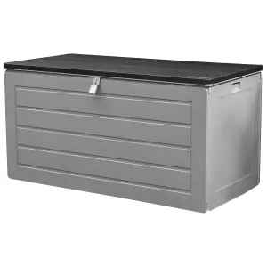 Outdoor Garden Storage Box Plastic Shed - Weatherproof & Sit On with Wood Effect Chest (680L, Anthracite)