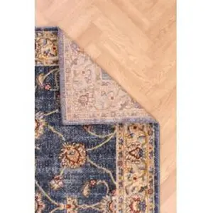 Blue Easy to Clean Bordered Floral Traditional Rug for Living Room, Bedroom, Dining Room - 80cm X 150cm