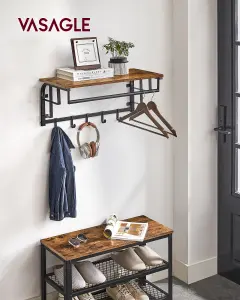 VASAGLE Wall Mounted Coat Rack with Storage Shelf, Wall Shelf with 5 Removable Hooks, Hanging Shelf, Rustic Brown and Black