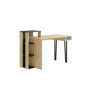 Decortie Modern Loyd Study Desk Large Workspace Built-in Bookshelves Drawer Oak Anthracite Grey Width 141cm