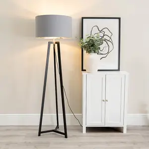 ValueLights Lottie Black Wood Tripod Floor Lamp with Grey/Chrome Drum Shade