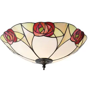 Tiffany Glass Flush Ceiling Light - Mackintosh Style Rose - Dark Bronze Finish