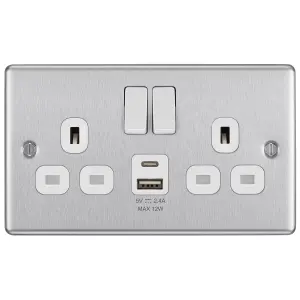 GoodHome Brushed Steel Double 13A Raised rounded Switched Screwed Socket with USB, x2 & White inserts