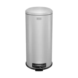 BLACK + DECKER 30 Litre Dome Kitchen Indoor Rubbish and Waste Pedal Bin with Soft Close Lid/Steel (Grey) 61129