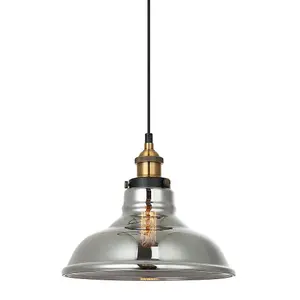 Luminosa Industrial And Retro Hanging Pendant Black, Gold 1 Light  with Smoky Shade, E27 Dimmable