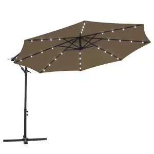 SunDaze 3M Taupe Garden Cantilever Banana Parasol with Solar LED Lights Outdoor Patio Umbrella