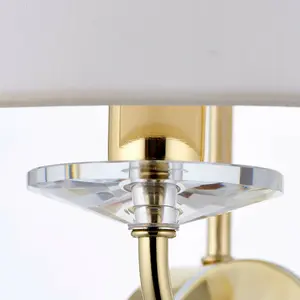 Dimmable Twin Wall Light Brass Glass White Fabric Shade Curved Arm Lamp Fitting