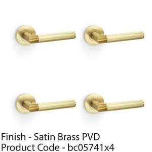 4 PACK - SOLID BRASS Knurled Door Handle Set - Satin Brass Mitred Lever on Round Rose