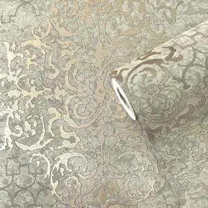 Lustre Collection Metallic Embossed Damask Wallpaper Roll