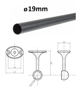 Suspended Round Wardrobe Rail Hanging Tube Pipe 400mm Black Matt Set with End Brackets