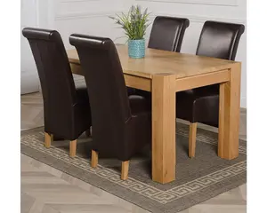 Kuba 150 x 85 cm Chunky Medium Oak Dining Table and 4 Chairs Dining Set with Montana Brown Leather Chairs