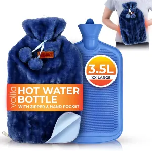 3.5L XXL Hot Water Bottle with Zipper & Hand Pocket Blue Faux Fur, Soft Washable Bag for Pain Relief, Warm Compress & Cozy Comfort