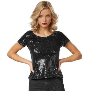 Short Sleeve Sequin Top - black S