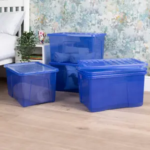 Wham Crystal 5x 60L Plastic Storage Boxes with Lids. Large Size, Strong . Made in the UK Tint Spectral Blue