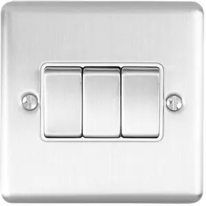 3 Gang Triple Light Switch SATIN STEEL 2 Way 10A White Trim & Metal Rocker