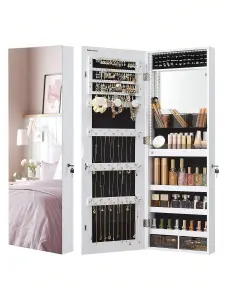 SONGMICS Wall Mounted Jewellery Cabinet Organizer With LED Lights, Storage Cupboard, Built-In Makeup Mirror, White