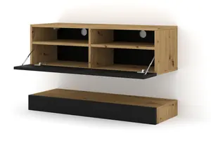 Duo Wall Hung TV Cabinet and Shelf Set in Oak Artisan and Black 1600mm