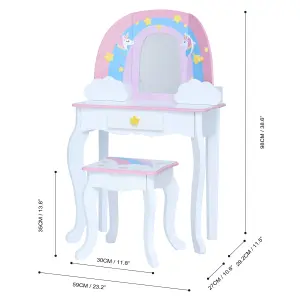 Teamson Kids Dressing Table, Play Vanity Set with Mirror & Stool, Rainbow Unicorn - Pink/White