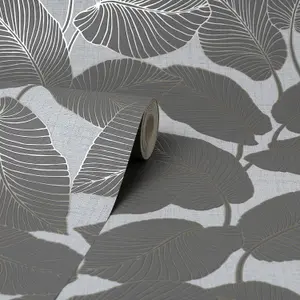 Larson Leaf Wallpaper Fine Décor Charcoal Gold Textured Vinyl Metallic