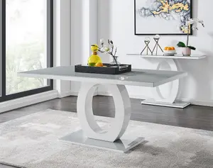 Giovani Rectangular 6 Seat White High Gloss Unique Halo Dining Table Grey Glass Top 6 Beige Faux Leather Black Leg Milan Chairs