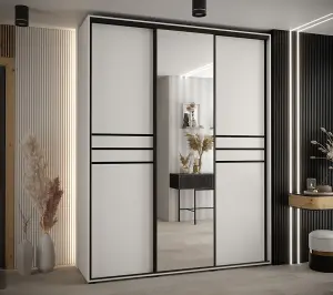 Cannes XI Mirrored Sliding Door Wardrobe W200cm - Bright White Storage for Contemporary Living