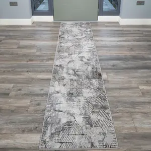 Grey Gold Distressed Abstract Metallic Geometric Living Runner Rug 70x240cm