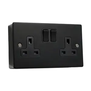 SHPELEC Matt Black Metal 2 Gang 13A Switched Socket and 25mm Surface Mount Pattress Box