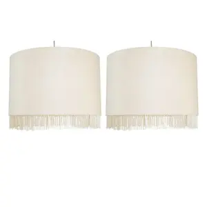 First Choice Lighting Set of 2 Fringed Off White 38cm Fringed Velvet Pendant Shades