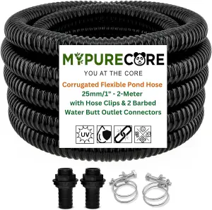 Premium Corrugated Flexible Hose Pond Pipe Set 25mm / 1inch-  2-meter with 2 Double-Wired Hose Clips and 2 Heavy Duty Plastic Butt