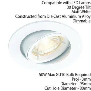 TILTING Round Recess Ceiling Down Light White 95mm Flush GU10 Lamp Fitting