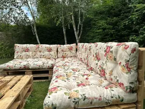 Pallet Cushion Set Corner Sofa Garden Outdoor 2x2.4m Floral Tufted Quilted Pads