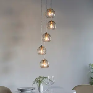 Satin Brass 5 Light Ceiling Pendant Fitting & Campagne Dimpled Glass Shades