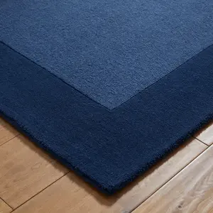 Handmade Luxurious Modern Bordered Blue Plain Easy to Clean Wool Rug for Living Room & Bedroom-160cm X 230cm