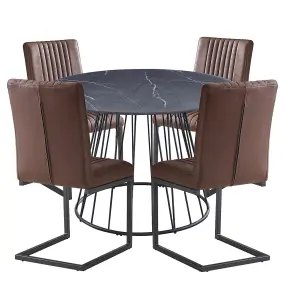 Hallowood Furniture Cullompton Large 120cm Round Table with 4 Brown Leather Effect Dining Chairs