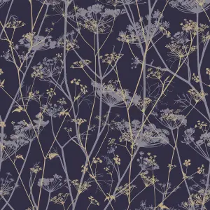 Clarissa Hulse Wild Chervil Blackberry Purple & Gold effect Smooth Wallpaper