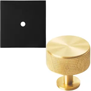 Cabinet Door Knob & Contrasting Backplate Set - Knurled Kitchen Pull - Satin Brass & Matt Black