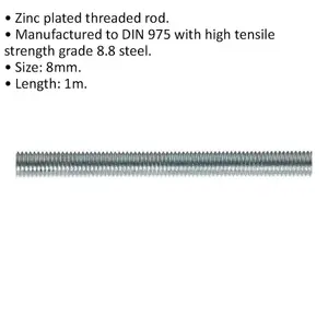 5 Pack M8 x 1mm Threaded Studding Rod - Grade 8.8 Zinc Plated Steel - DIN 975 Specifications