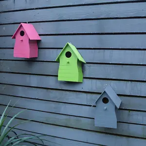 Set of 3 Colourful Wooden Bird Houses - Wall Fence Mountable or Hanging Outdoor Garden Wild Bird Nesting Box with 30mm Hole