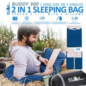 SAIL Waterproof Double Sleeping Bag with 2 Pillows Extra Large 3-4 Season - Blue