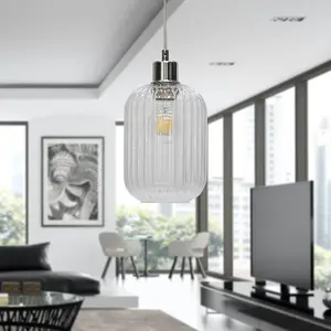 First Choice Lighting Set of 2 Batley Clear Ribbed Glass with Chrome Pendant Fittings