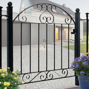 Black Coated Steel Decorative Garden Fence Gate with Arched Top 90 x 85 cm