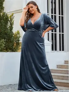 Ever-Pretty Elegant Plus Size Velvet Maxi Evening Dress For Women Polyester