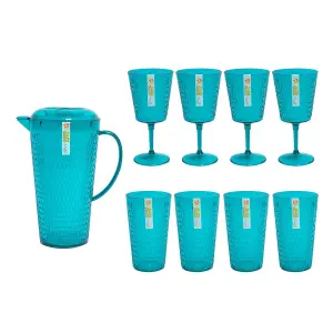 9pc Outdoor Drinks Set Picnic Plastic Wine Glasses Cups Jug Tumblers Pitcher Reusable Drinking Indoor Summer Party Honeycomb Teal