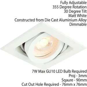 Single Square Adjustable Head Ceiling Spotlight White GU10 50W Box Downlight