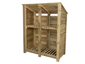 Wooden log store (roof sloping back) with kindling shelf W-146cm, H-180cm, D-88cm - natural (light green) finish