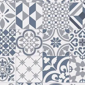 Grey Blue White Designer Vinyl Flooring For LivingRoom, Kitchen, 2.7mm Cushion Backed Vinyl Sheet-1m(3'3") X 3m(9'9")-3m²