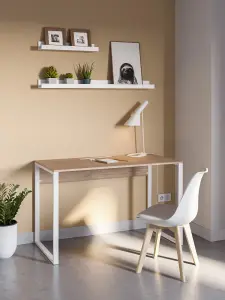 Inna Modern Work Table Oak with Sturdy White Metal Legs Particle Board Industrial Desk Width 110cm