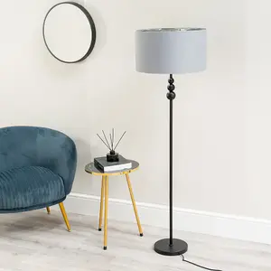 ValueLights Marissa Matt Black Stacked Ball Floor Lamp with Grey/Chrome Shade