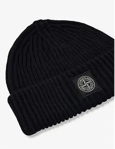 Mens Stone Island Classic Brand-Patch Wool-Knit Beanie Black