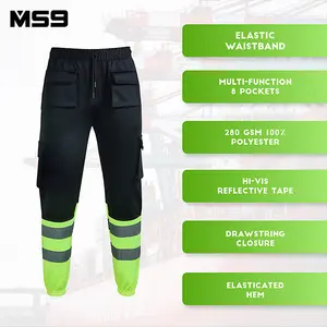 MS9 Mens Hi Viz Vis High Visibility Fleece Cargo Work Trousers Joggers Pants, Black and Yellow - S